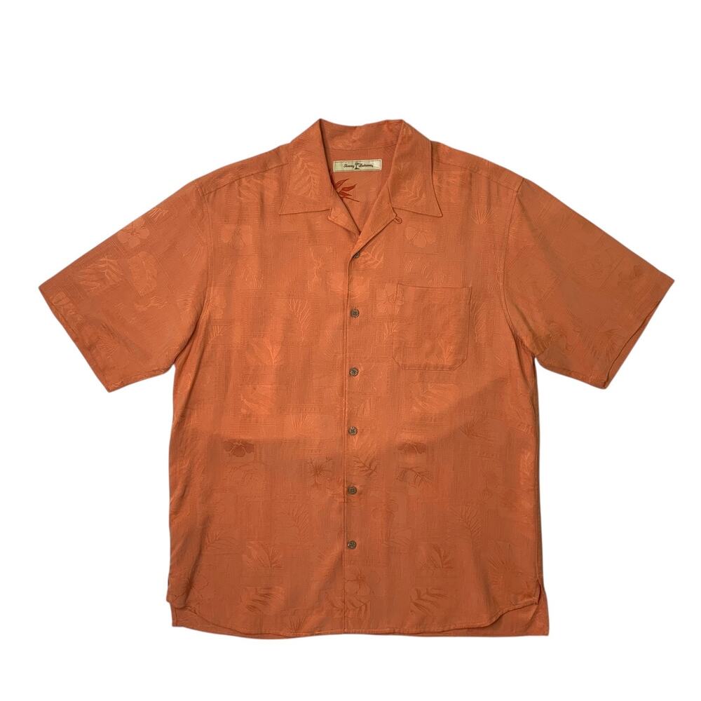 Tommy Bahama Shirt Mens M Medium Orange Silk Short Sleeve Jacquard Pocket Camp
